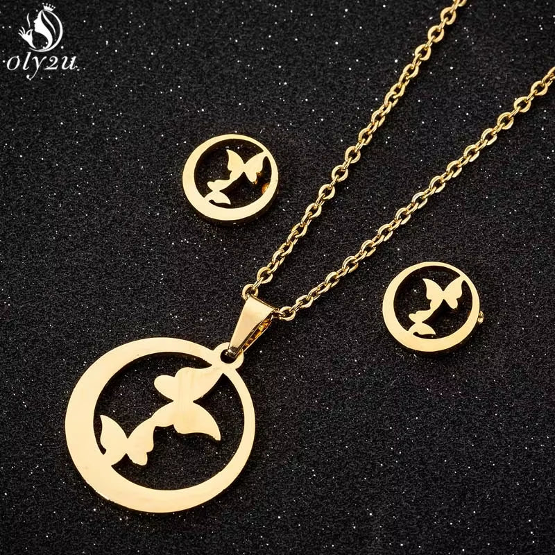 Bijoux Animal Stainless Steel Necklace Set Cartoon Cat Paw Rabbit Butterfly Dog Necklaces Pendants Statement Jewelry Wholesale